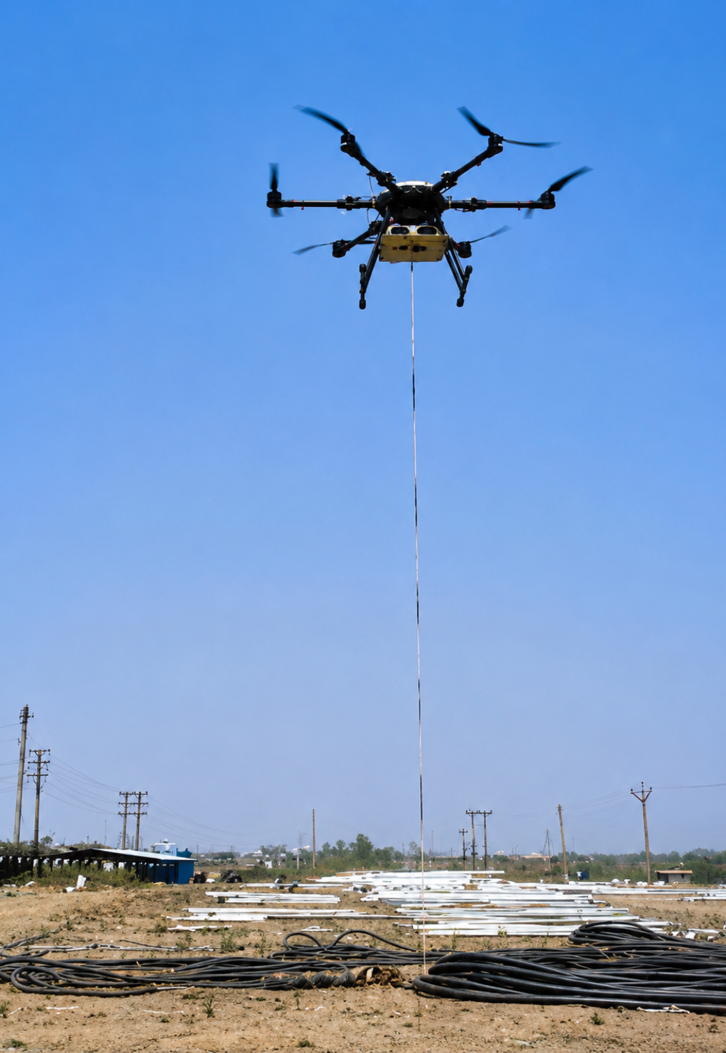 Our drones enable safe and efficient high-voltage transmission line stringing, reducing manual risks, project time, and operational costs with precision.