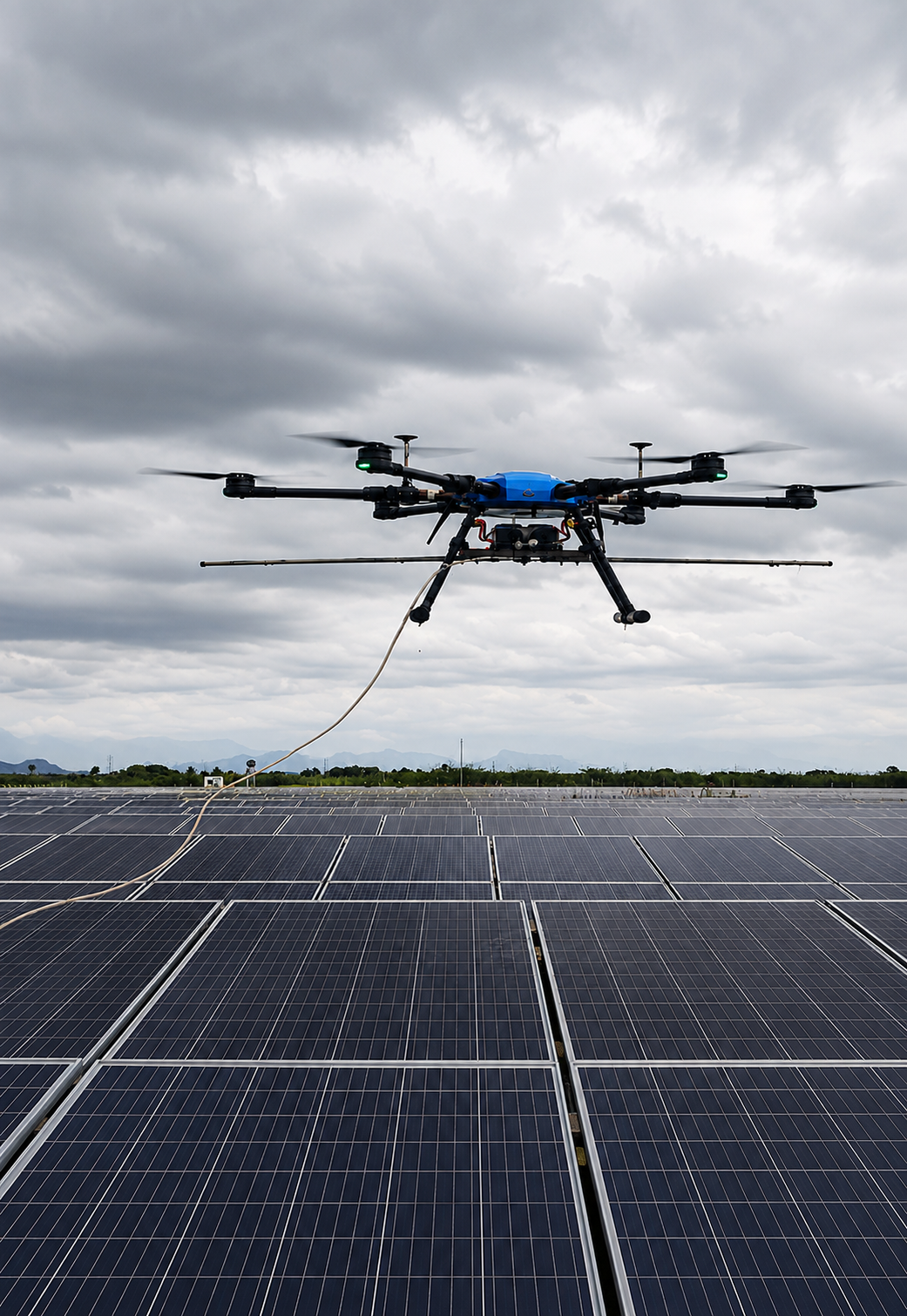 Our solar panel cleaning drones deliver safe, efficient, and water-saving cleaning, maximizing energy output while reducing maintenance time and operational costs.